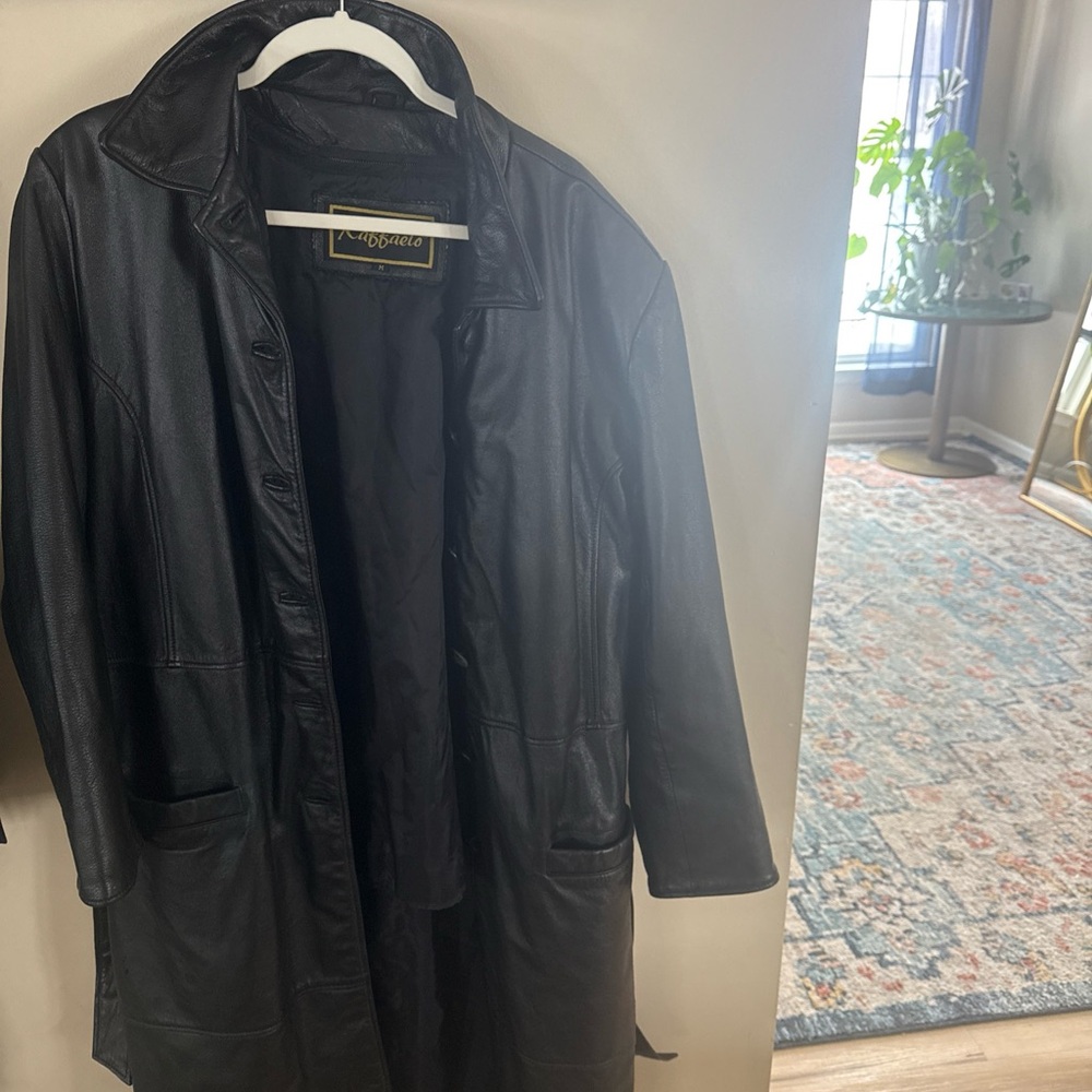 Raffaello Black Genuine Leather Long Coat Jacket Size M Classic Button Front